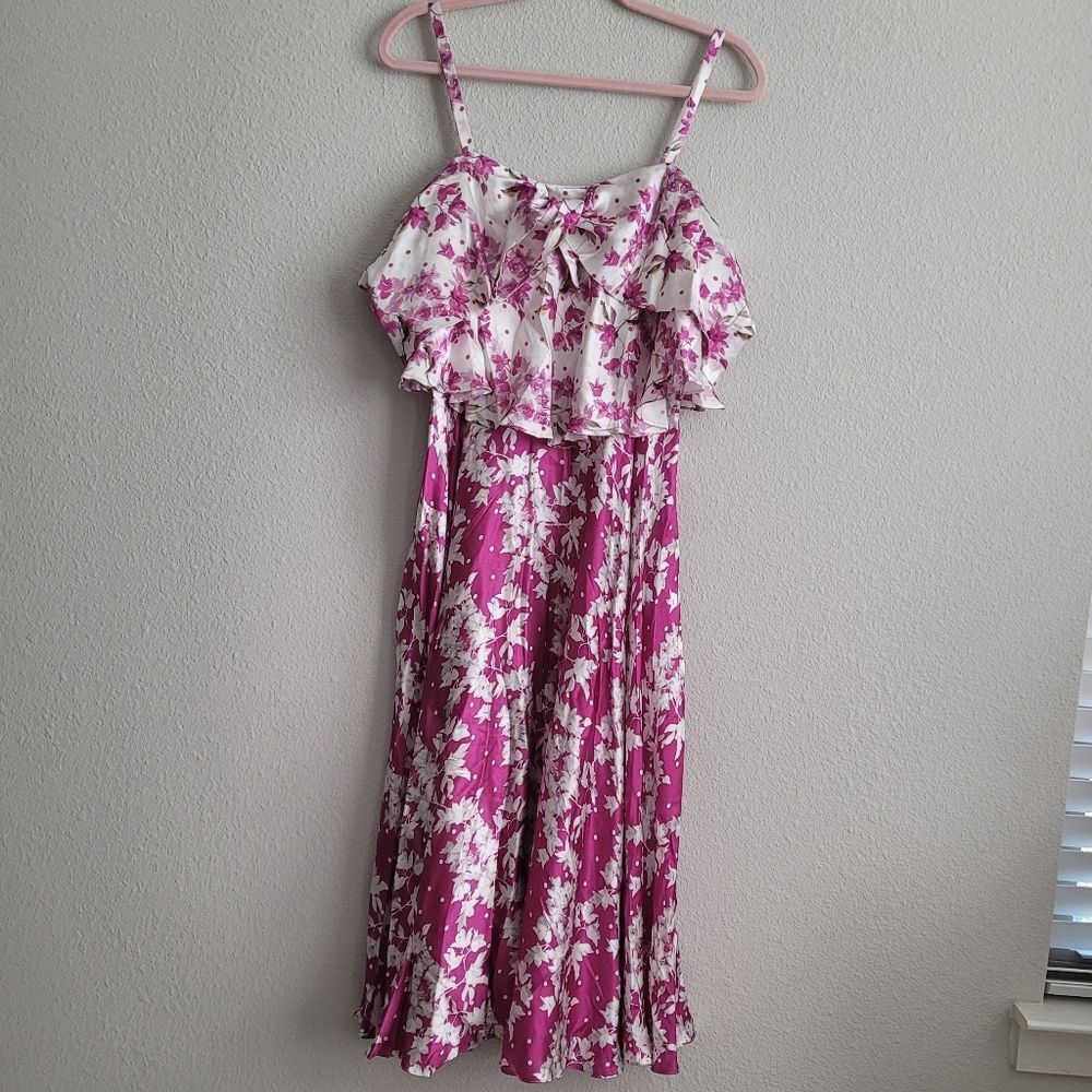 AMUR Silk Floral Off-The-Shoulders Tea Dress Popover Waist Pink White 4 NWT